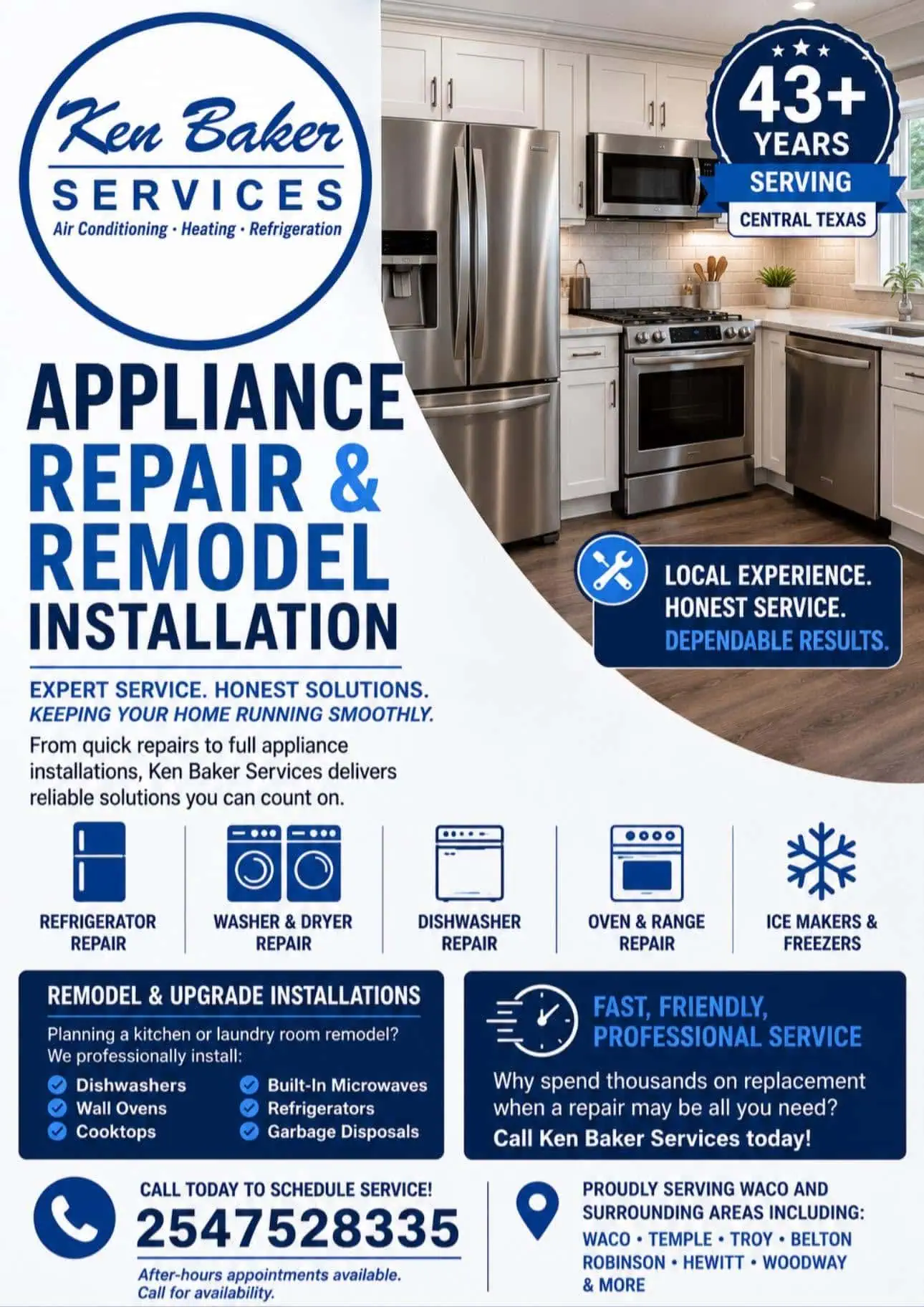 Ken Baker Services Waco & Central Texas Appliance Repair & Remodel Installation Refrigerator, Washer & Dryer, Dishwaser, Oven/Range